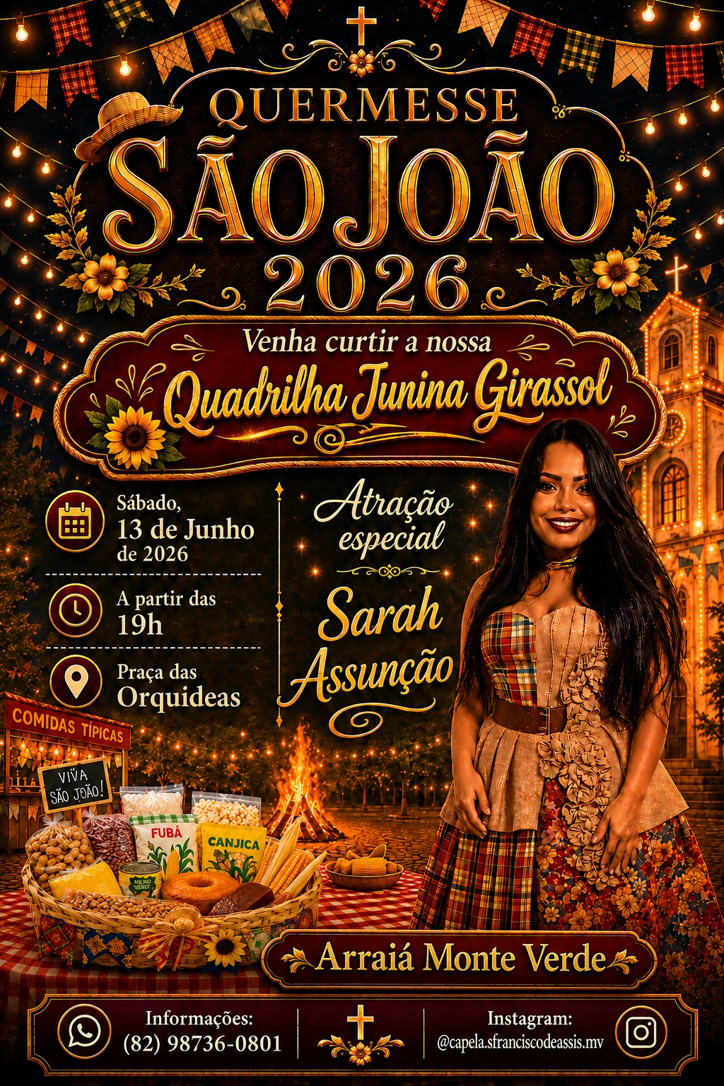 Convite Quermesse São João 2026 — Arraiá Monte Verde, 13 de junho às 19h na Praça das Orquídeas. Atração especial Sarah Assunção.